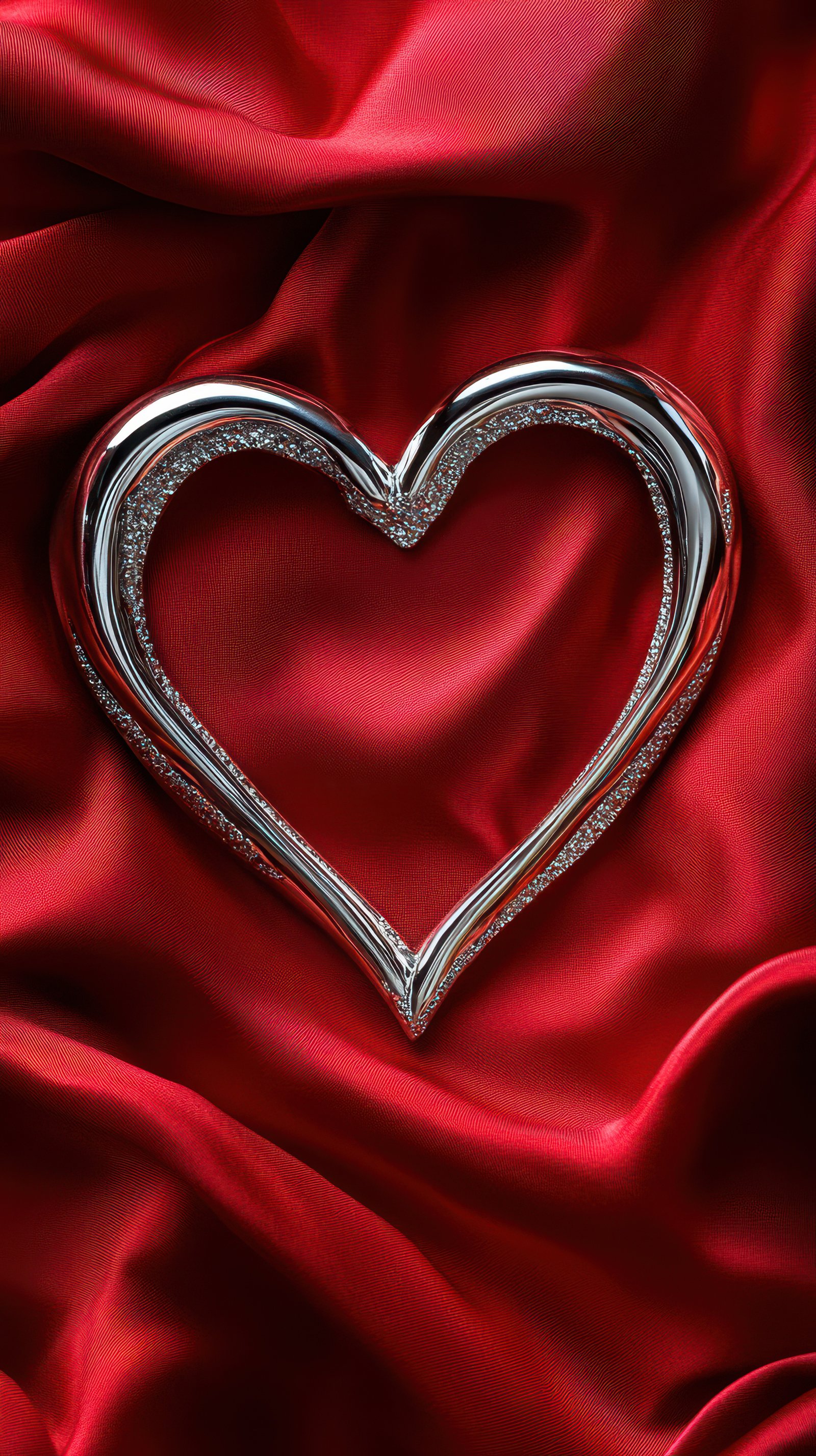 Heart-shaped silver ornament resting on luxurious red silk fabric with soft folds highlighting its elegance and charm